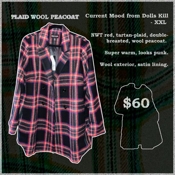 NWT - Dolls Kill Current Mood Plaid Peacoat - XXL -$60 - Picture 1 of 2